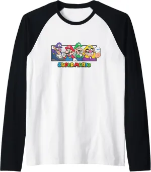 Super Mario Group Shot Mario Luigi Wario Waluigi Retro Raglan Baseball Tee