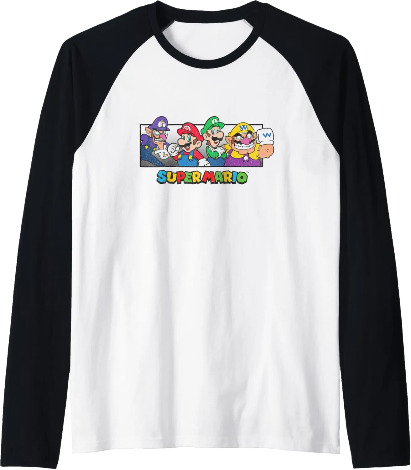 Super Mario Group Shot Mario Luigi Wario Waluigi Retro Raglan Baseball Tee