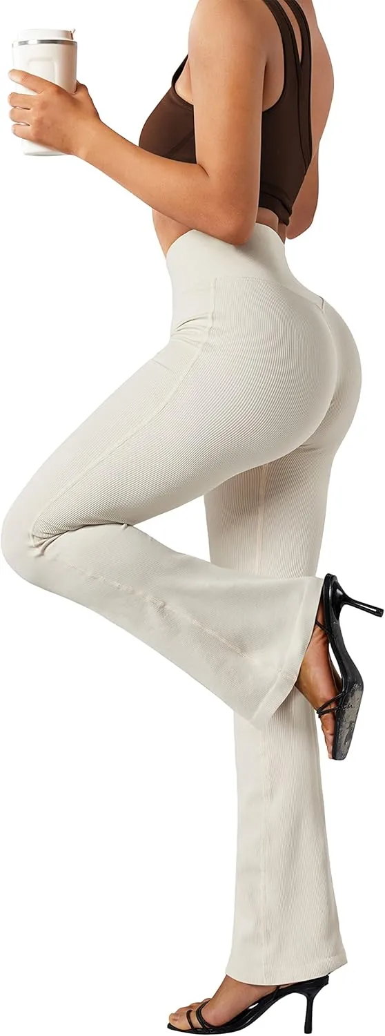 SUUKSESS Women Ribbed Seamless Flare Leggings Bootcut High Waist Yoga Pants