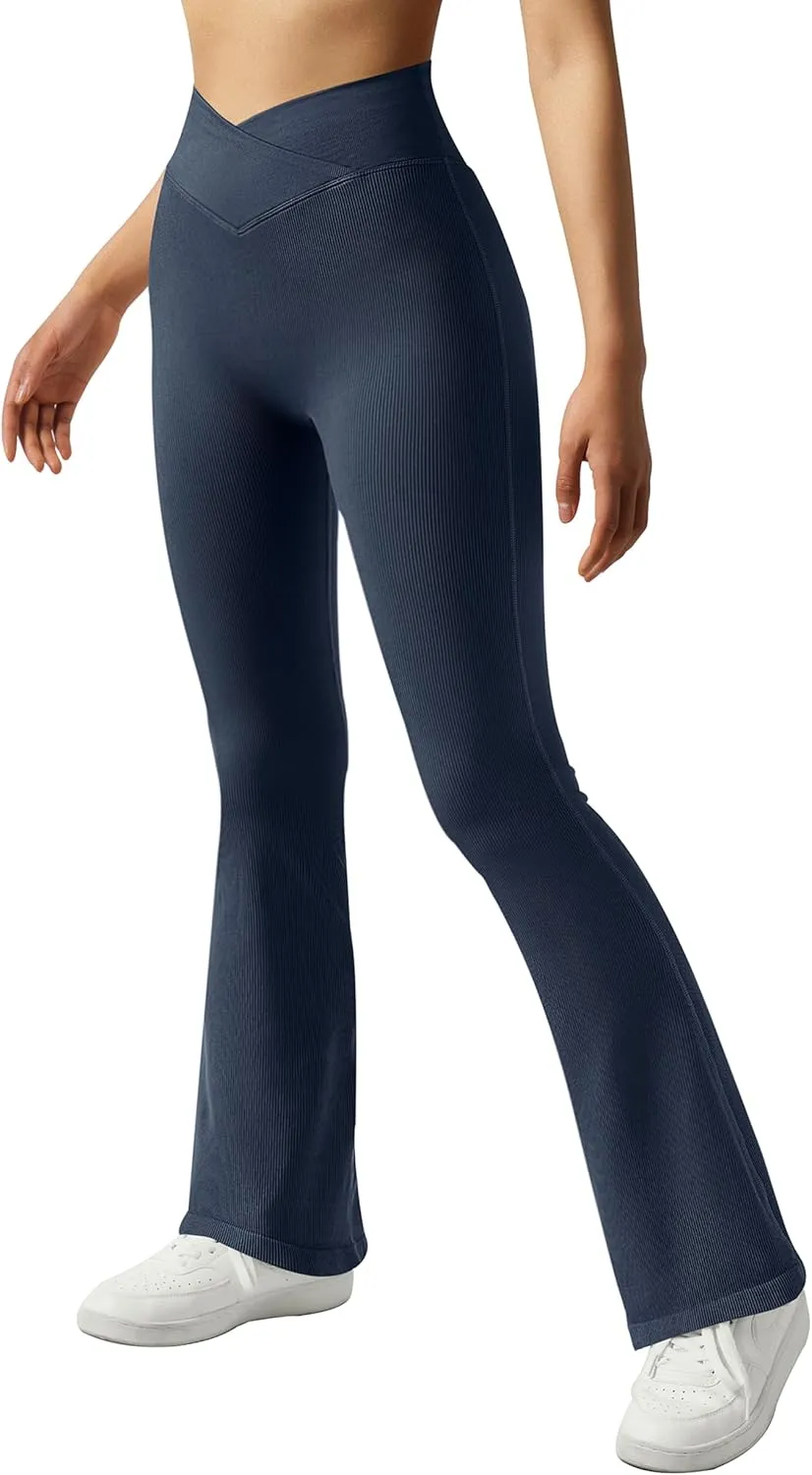SUUKSESS Women Ribbed Seamless Flare Leggings Bootcut High Waist Yoga Pants