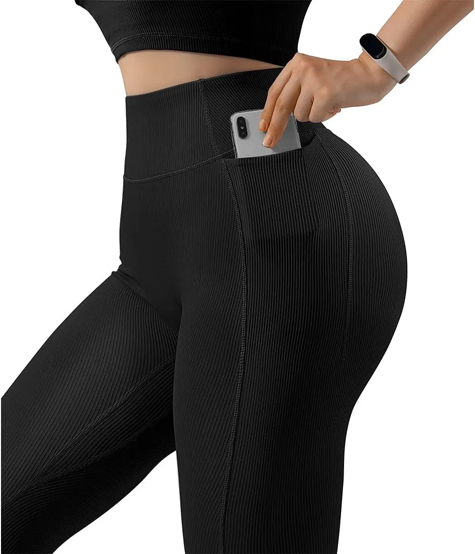 SUUKSESS Women Ribbed Seamless Leggings High Waisted Workout Gym Yoga Pants