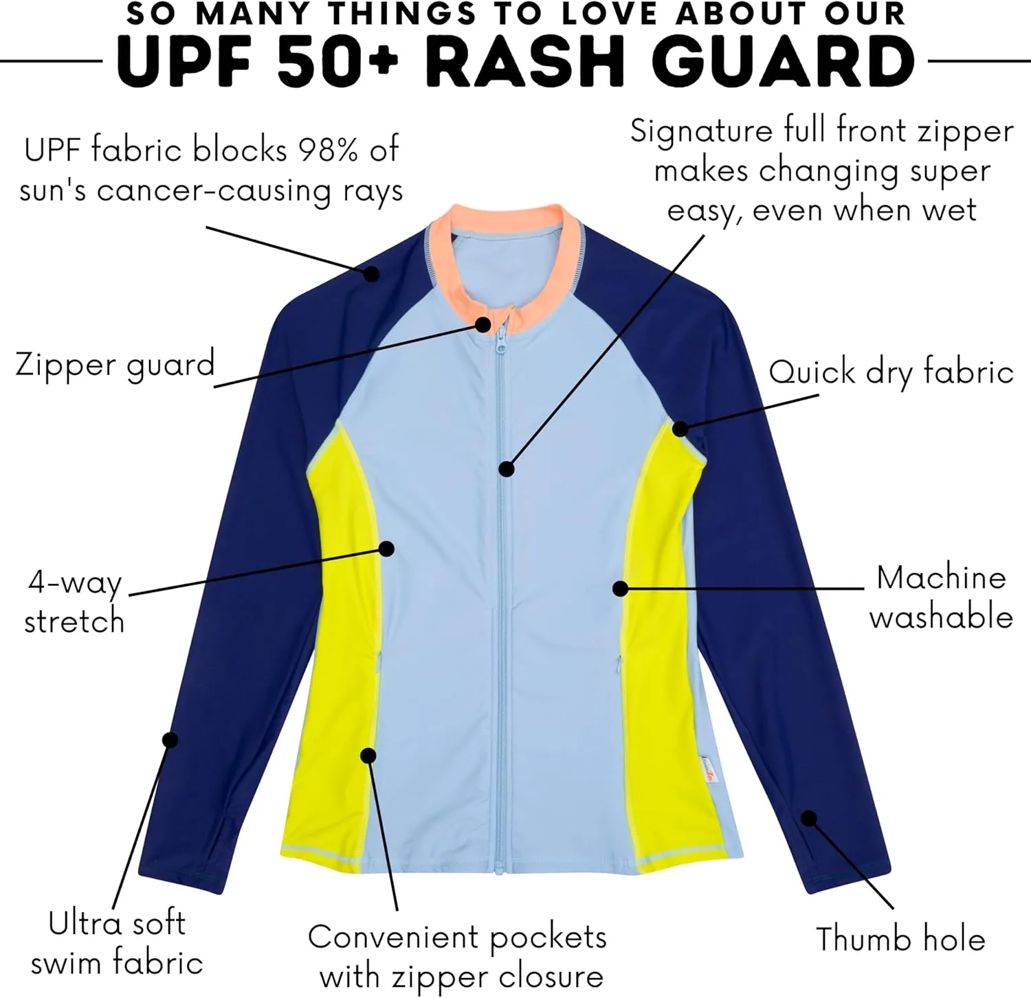 SwimZip Women's Long Sleeve Rash Guard with Pockets & UPF 50  Sun Protection