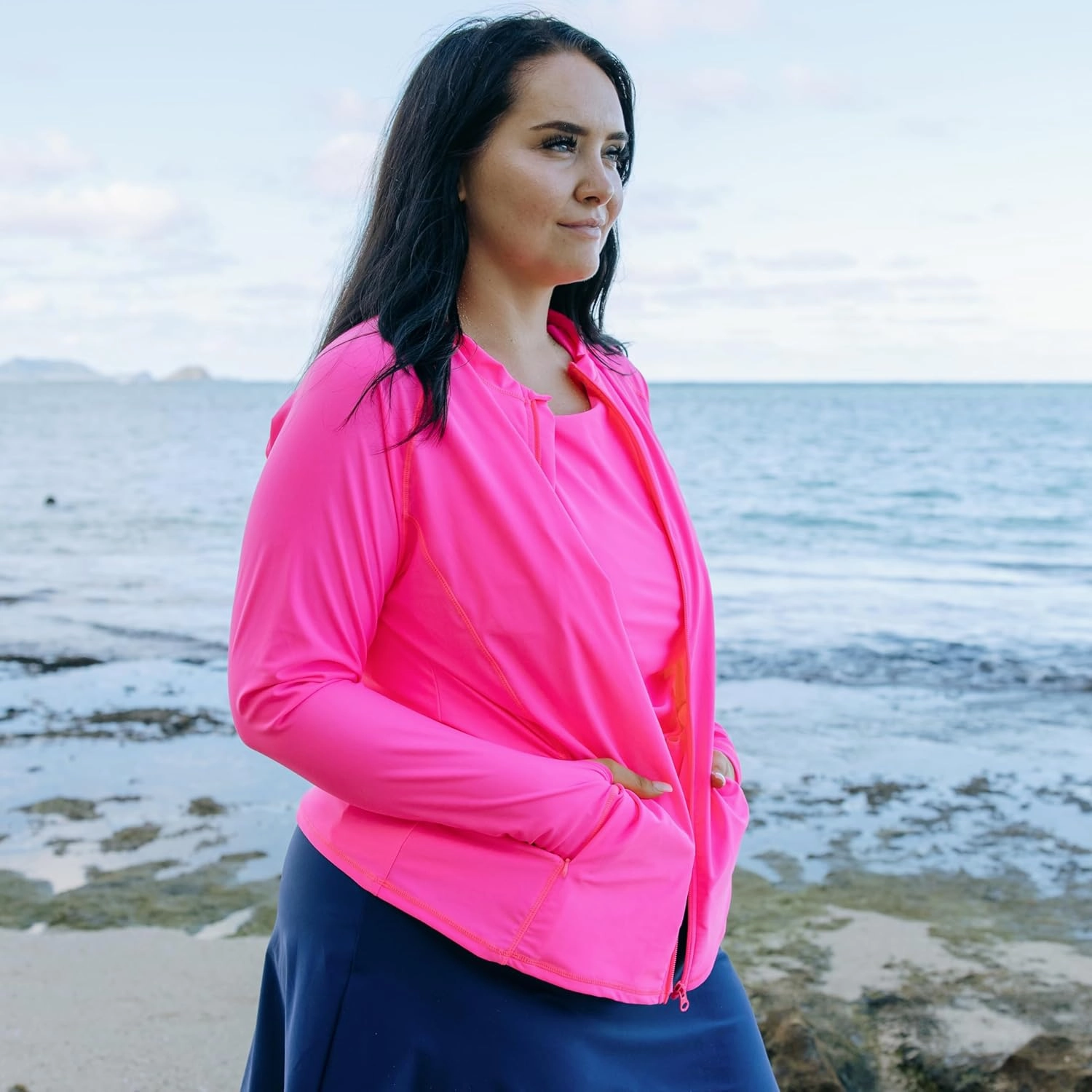 SwimZip Women's Long Sleeve Rash Guard with Pockets & UPF 50  Sun Protection