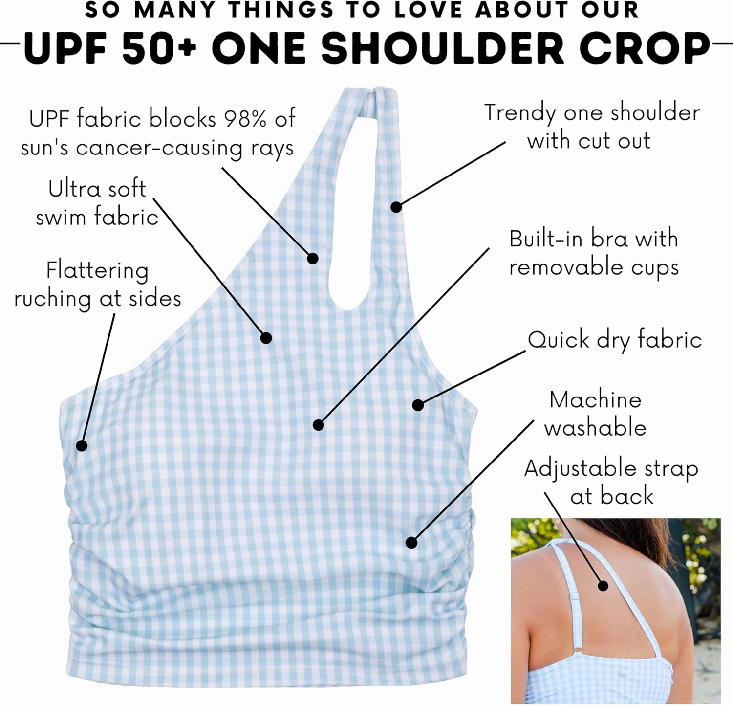 SwimZip Women's One Shoulder Crop Bikini Swim Top - UPF 50  Sun Protection