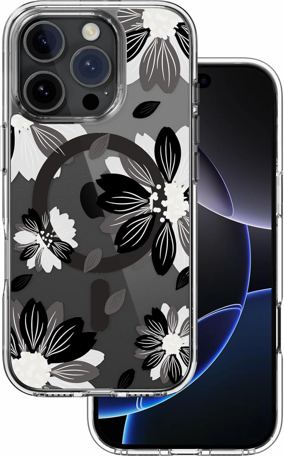 SWITCHEASY Style M - Clear Flower Floral Designed for iPhone 16 Pro 6.3", Compatible with MagSafe, Patterned Protective Phone Case for Women - Black Flower