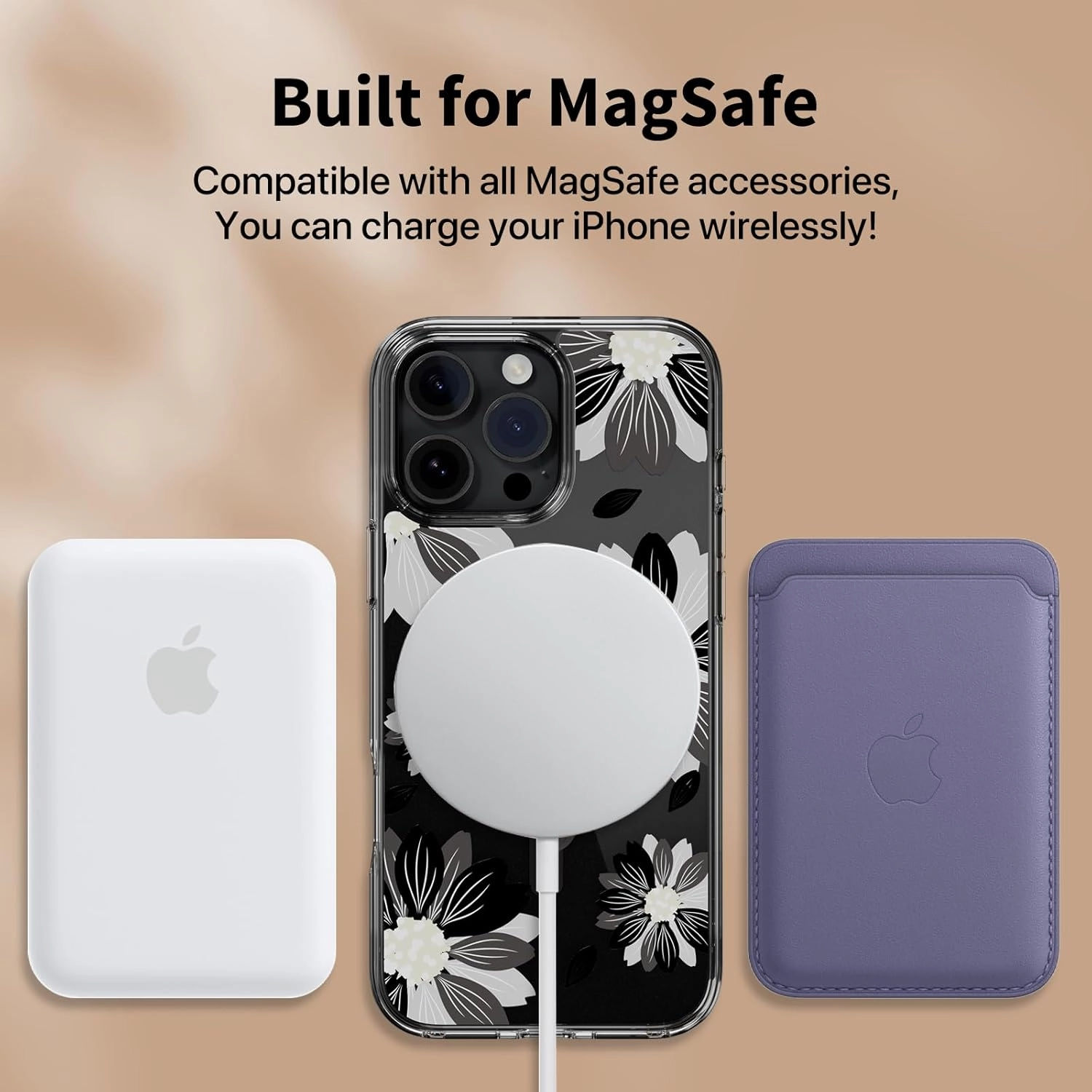 SWITCHEASY Style M - Clear Flower Floral Designed for iPhone 16 Pro 6.3", Compatible with MagSafe, Patterned Protective Phone Case for Women - Black Flower