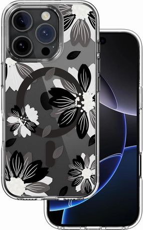 SWITCHEASY Style M - Clear Flower Floral Designed for iPhone 16 Pro 6.3", Compatible with MagSafe, Patterned Protective Phone Case for Women - Black Flower