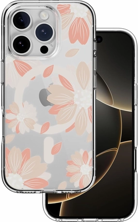 SWITCHEASY Style M - Clear Flower Floral Designed for iPhone 16 Pro 6.3", Compatible with MagSafe, Patterned Protective Phone Case for Women - Pink Flower