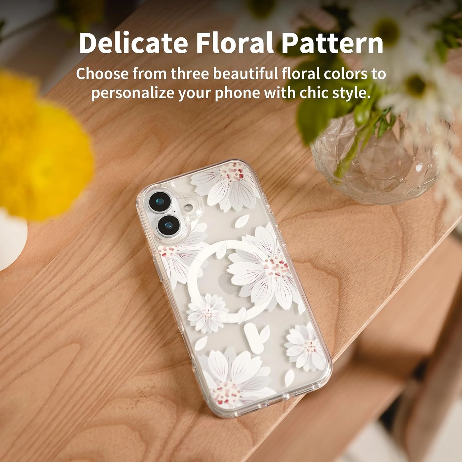 SWITCHEASY Style M - Clear Flower Floral Designed for iPhone 16 Pro 6.3", Compatible with MagSafe, Patterned Protective Phone Case for Women - Pink Flower