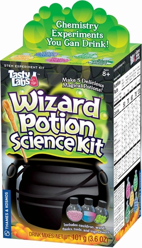 Tasty Labs Wizard Potion Science Kit - Make 5 Magical Potions, Chemistry Experiments Safe to Drink, Includes Cauldron & Wand - Study Reactions, Polymers & More