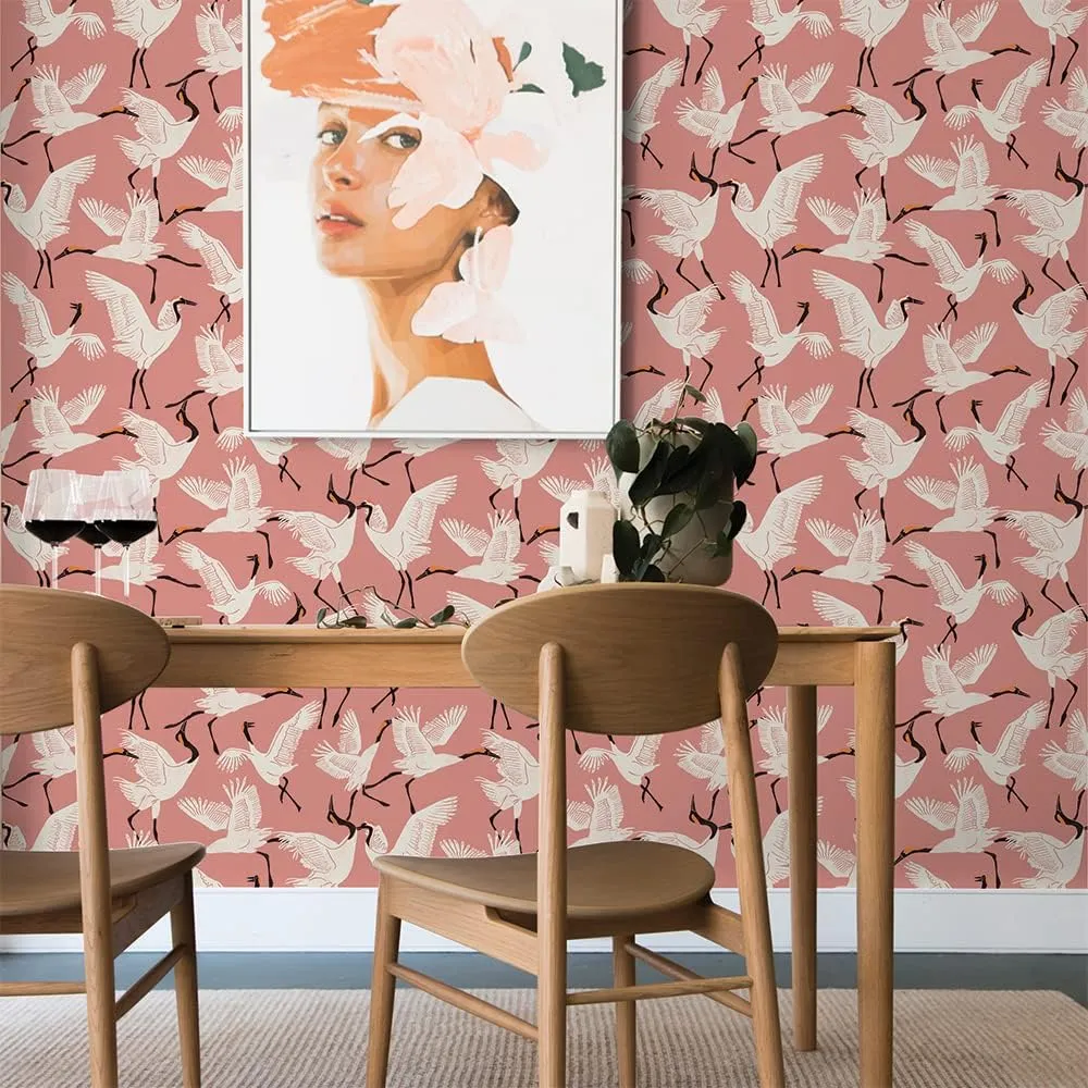 Tempaper x Novogratz Pink Family of Cranes Removable Peel and Stick Wallpaper, 20.5 in X 16.5 ft, Made in The USA