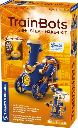 Thames & Kosmos TrainBots: 2-in-1 STEAM Maker Kit | Build 2 Steampunk Robots w/LED Lights | Explore Robots & Engineering | Includes Ultrasonic Atomizer | Ages 8  with Help; 12  for Independent Play