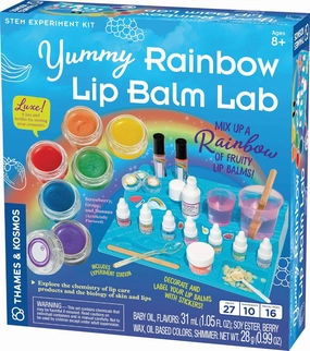 Thames & Kosmos Yummy Rainbow Lip Balm Lab STEM Kit | Make Lip Balms & Glosses in a Rainbow of Colors | Includes Strawberry, Grape, Banana Flavors & Cosmetic Jars | Chemistry & Biology of Skin Care