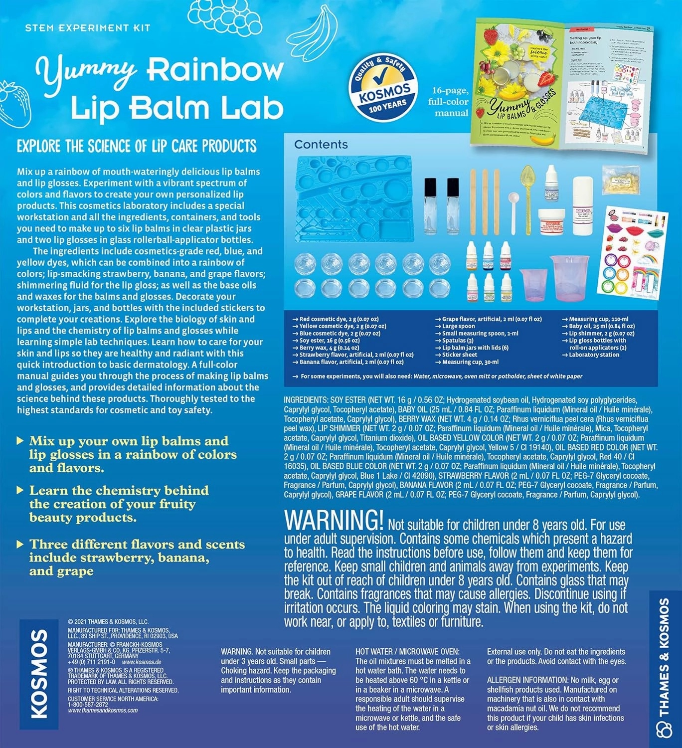 Thames & Kosmos Yummy Rainbow Lip Balm Lab STEM Kit | Make Lip Balms & Glosses in a Rainbow of Colors | Includes Strawberry, Grape, Banana Flavors & Cosmetic Jars | Chemistry & Biology of Skin Care