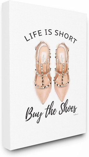 The Stupell Home Décor Collection Black and Peach Pink Life is Short Buy The Shoes Typography Stretched Canvas Wall Art, 16 x 20, Multi-Color