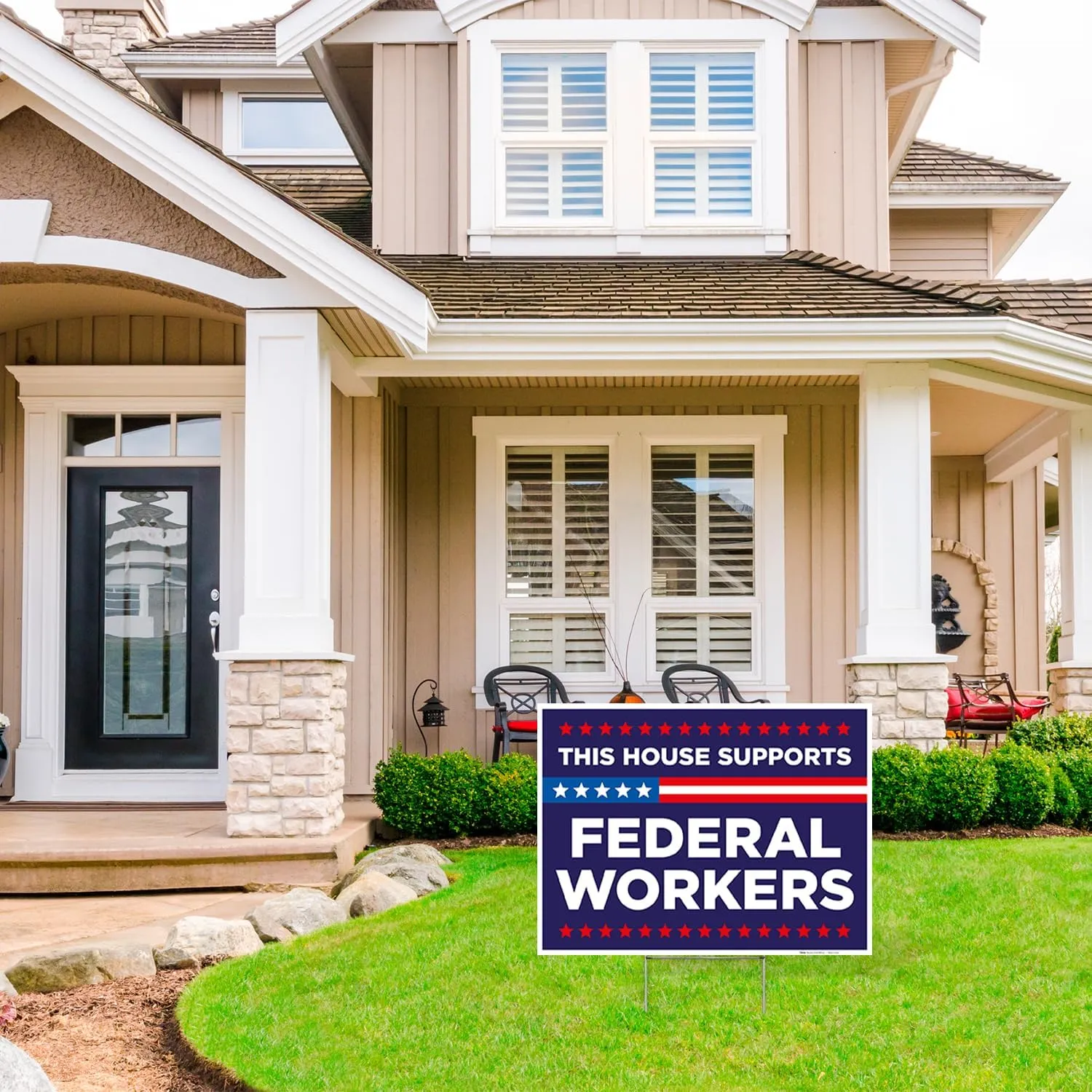 This House Support Federal Workers Blue Sign, 18x24 Inches Coro Plastic Double Sided with Metal H Stake Waterproof, Outdoor Lawn Signage, Made in USA by Armo