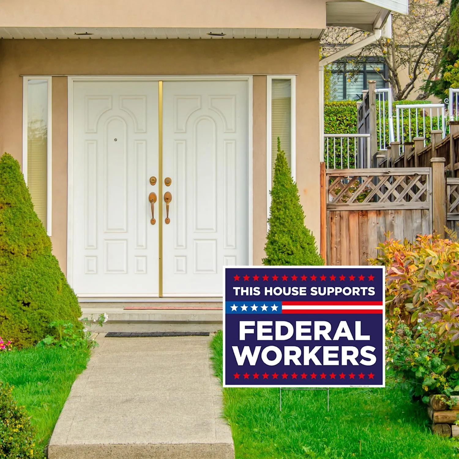 This House Support Federal Workers Blue Sign, 18x24 Inches Coro Plastic Double Sided with Metal H Stake Waterproof, Outdoor Lawn Signage, Made in USA by Armo