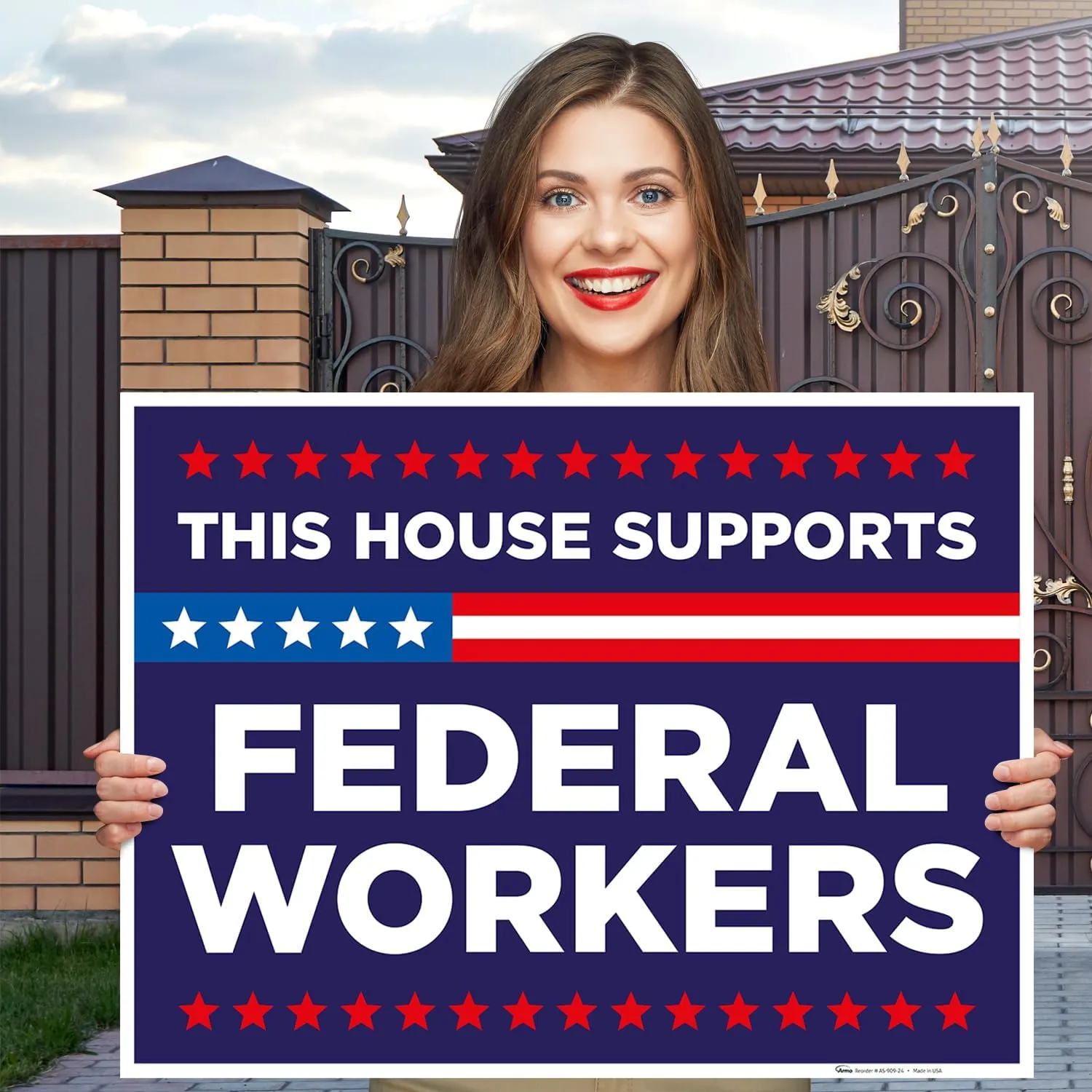 This House Support Federal Workers Blue Sign, 18x24 Inches Coro Plastic Double Sided with Metal H Stake Waterproof, Outdoor Lawn Signage, Made in USA by Armo