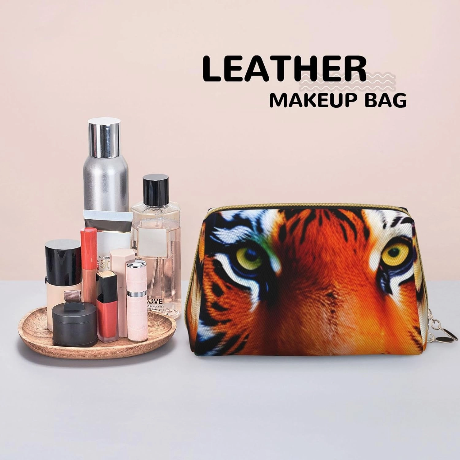 Tiger Stripes Orange Pattern Leather Toiletry Organizer Bag, Travel-Friendly Makeup Pouch For Women