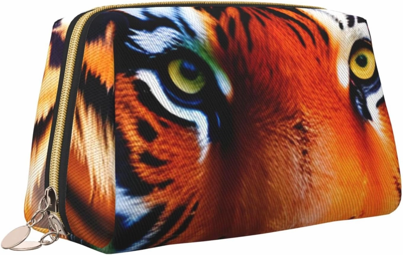 Tiger Stripes Orange Pattern Leather Toiletry Organizer Bag, Travel-Friendly Makeup Pouch For Women