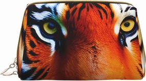Tiger Stripes Orange Pattern Leather Toiletry Organizer Bag, Travel-Friendly Makeup Pouch For Women
