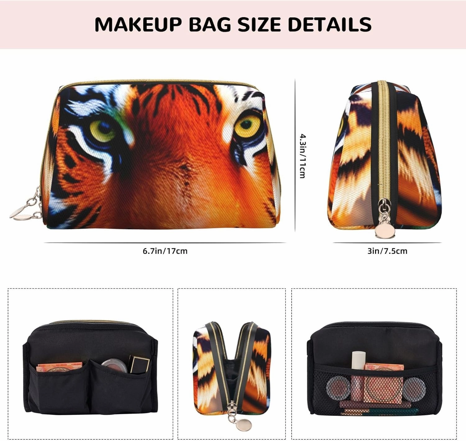 Tiger Stripes Orange Pattern Leather Toiletry Organizer Bag, Travel-Friendly Makeup Pouch For Women