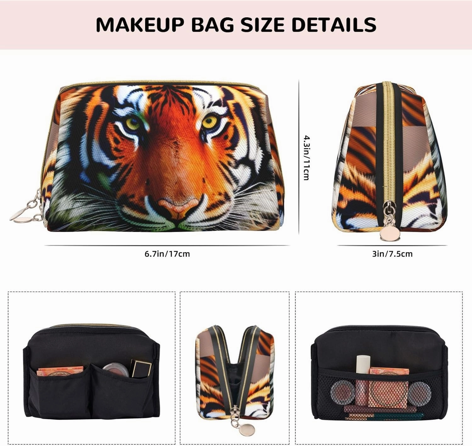 Tiger Stripes Orange Pattern Toiletry Pouch, Travel-Friendly Makeup Organizer For Makeup Brushes, Lipsticks