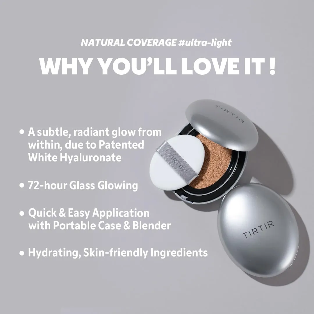 TIRTIR Mask Fit Aura Silver Cushion Foundation | Semi-glow Finish, Natural Coverage, Moisturizing, Lightweight, Korean cushion foundation (#25N Mocha, Full Size, 0.63 Fl Oz)