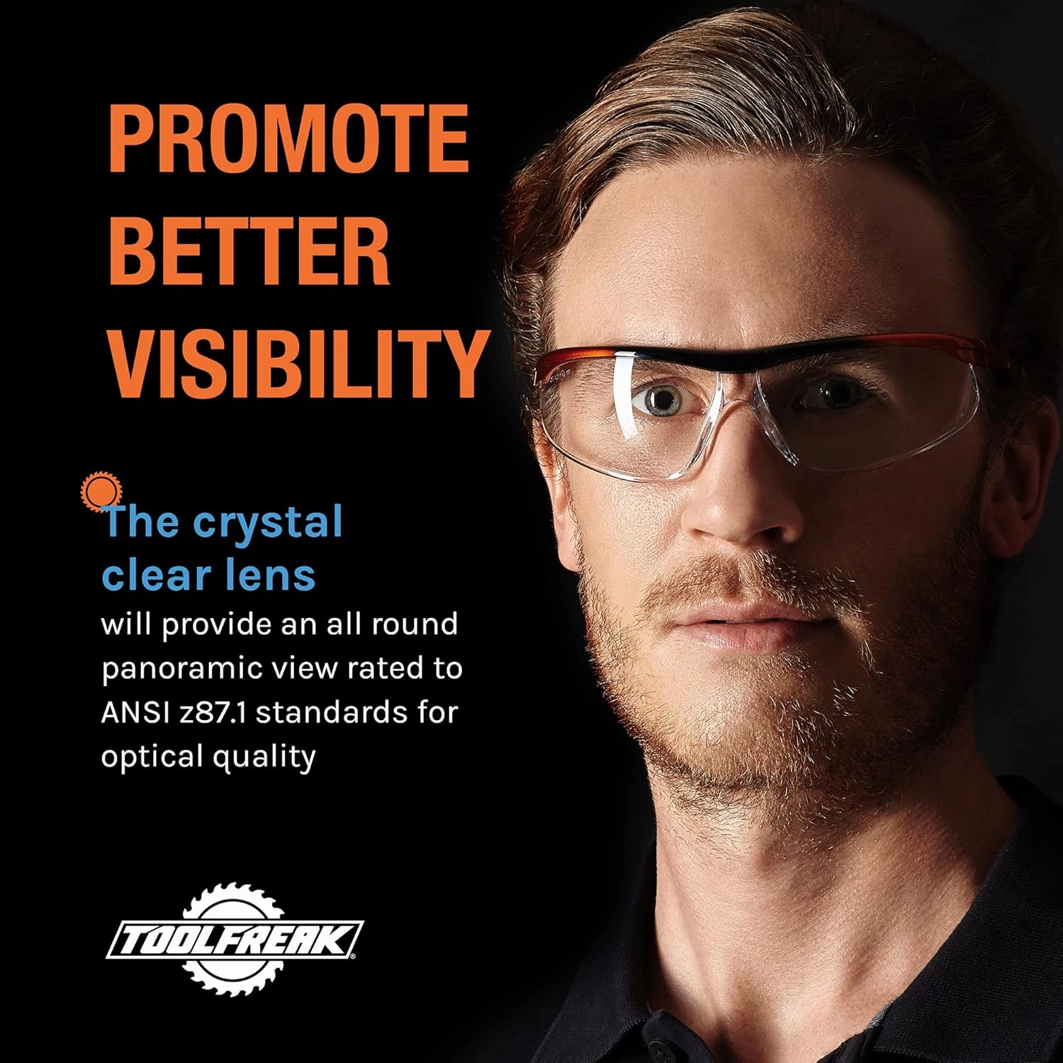 ToolFreak Safety Glasses, Wraparound Lens, ANSI z87.1, Impact Protection, U6 UV, Neck Cord and Microfibre Pouch,(Agent)
