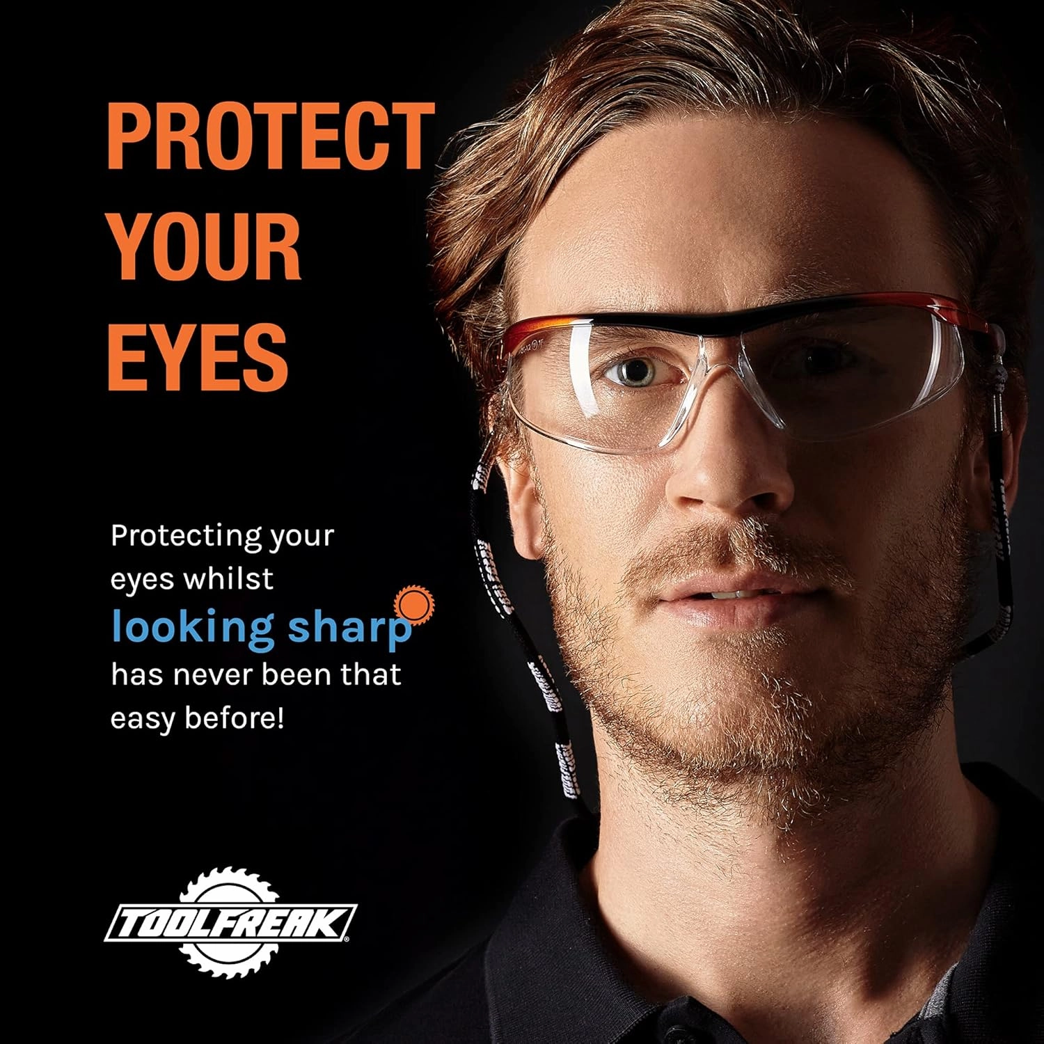 ToolFreak Safety Glasses, Wraparound Lens, ANSI z87.1, Impact Protection, U6 UV, Neck Cord and Microfibre Pouch,(Agent)