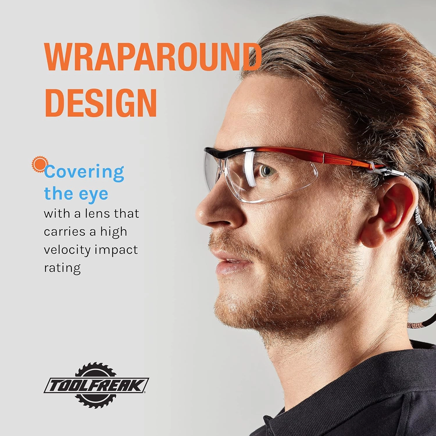 ToolFreak Safety Glasses, Wraparound Lens, ANSI z87.1, Impact Protection, U6 UV, Neck Cord and Microfibre Pouch,(Agent)