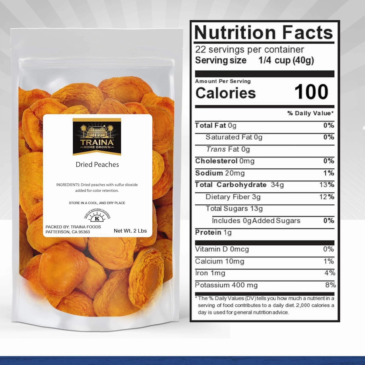 Traina Home Grown California Extra Fancy Sun Dried Peach Halves - Healthy, No Sugar Added, Non GMO, Gluten Free, Vegan, Packed in Resealable Pouch (2 lbs)