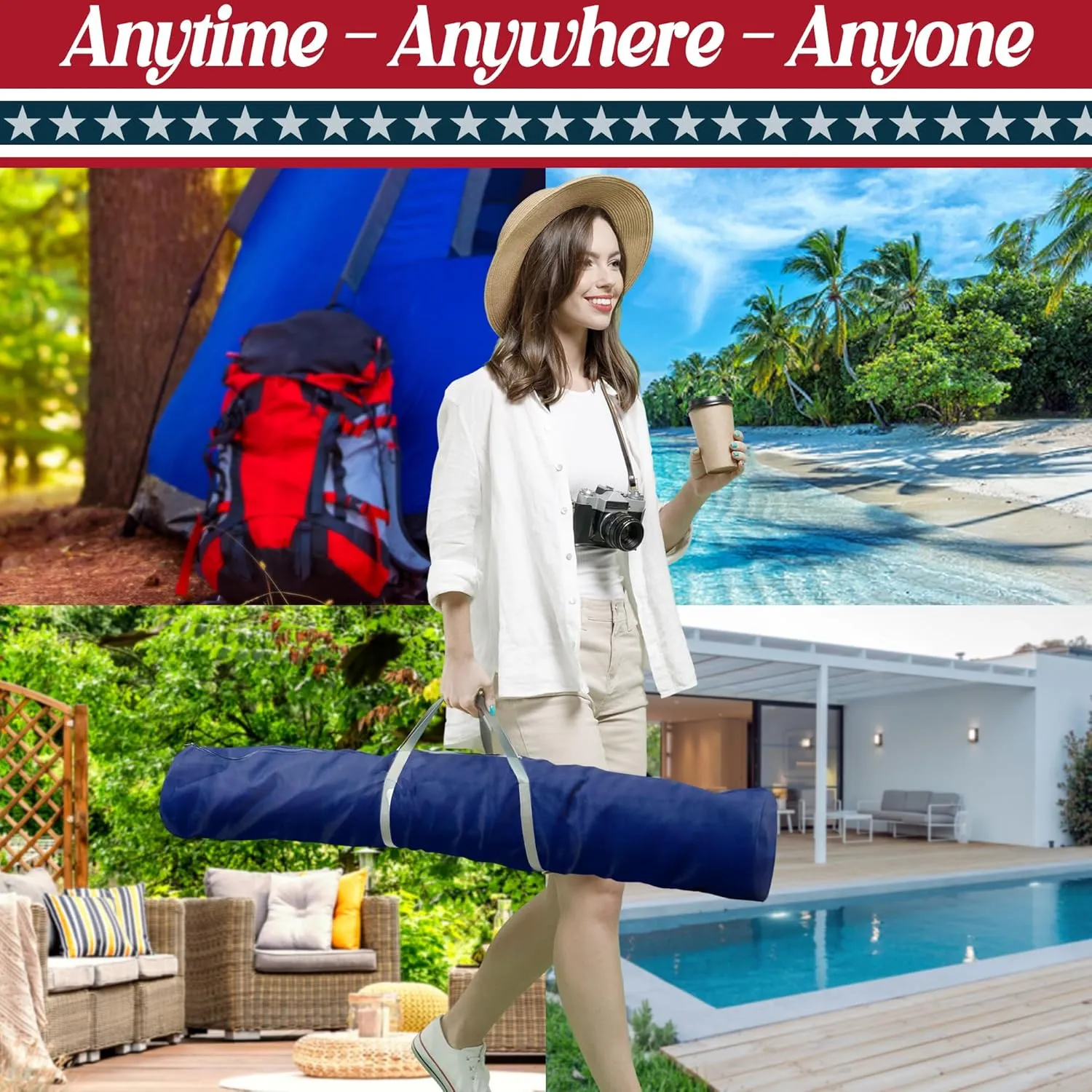 Tranquillo Uniki Adjustable Hammock with Stand for Indoor and Outdoor, Portable Camping Hammock Frame, 550 lbs Capacity, Collapsible and Durable, American Flag