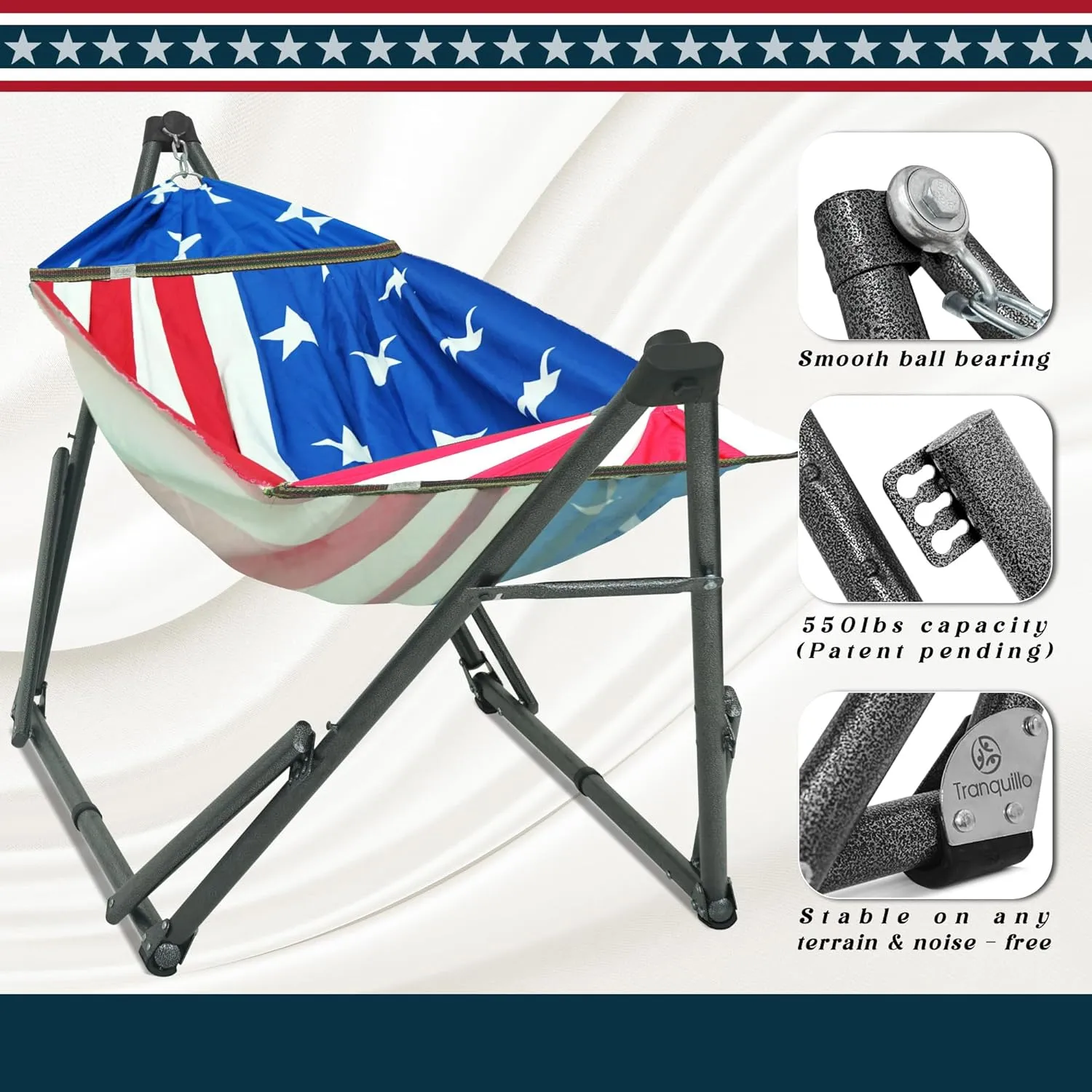 Tranquillo Uniki Adjustable Hammock with Stand for Indoor and Outdoor, Portable Camping Hammock Frame, 550 lbs Capacity, Collapsible and Durable, American Flag