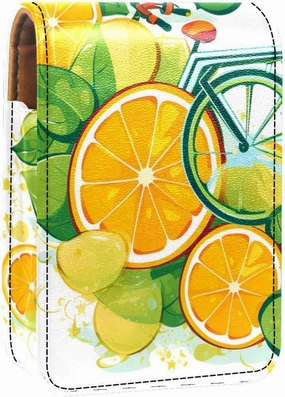 Travel Lipstick Organizer Case,Lipstick Case Portable Makeup Bag With Mirror,Bike Wheels Lemon and Orange