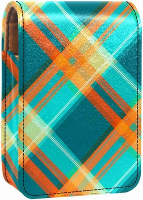 Travel Lipstick Organizer Case,Lipstick Case Portable Makeup Bag With Mirror,Blue and Orange Plaid