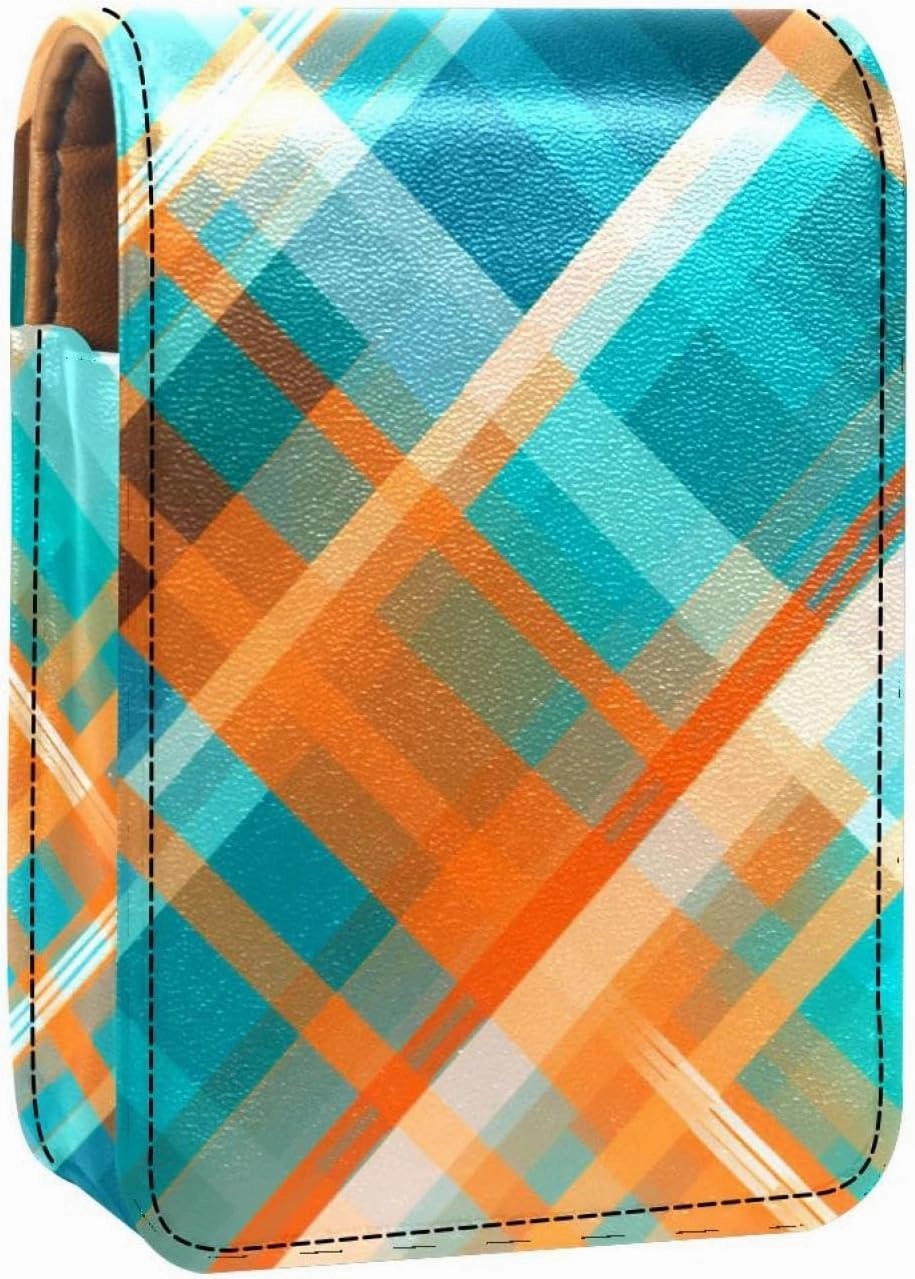 Travel Lipstick Organizer Case,Lipstick Case Portable Makeup Bag With Mirror,Blue and Orange Plaid