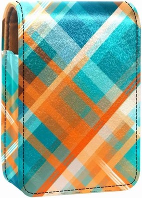 Travel Lipstick Organizer Case,Lipstick Case Portable Makeup Bag With Mirror,Blue and Orange Plaid