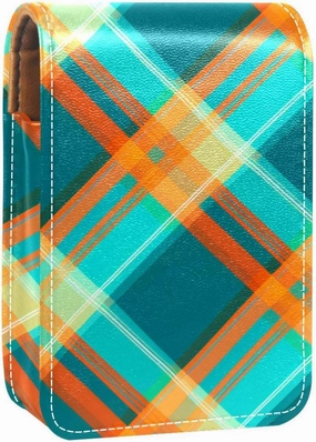 Travel Lipstick Organizer Case,Lipstick Case Portable Makeup Bag With Mirror,Blue and Orange Plaid