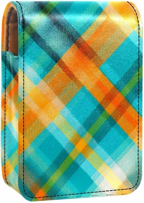 Travel Lipstick Organizer Case,Lipstick Case Portable Makeup Bag With Mirror,Blue and Orange Plaid