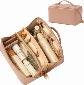 Travel Makeup Bag Organizer Countertop Case Toiletry Bag Cosmetic Bag for Women Vanity Storage Bathroom Counter Skincare Organizers Pouch with Divider and Handle Travel Essentials Gift for Girl