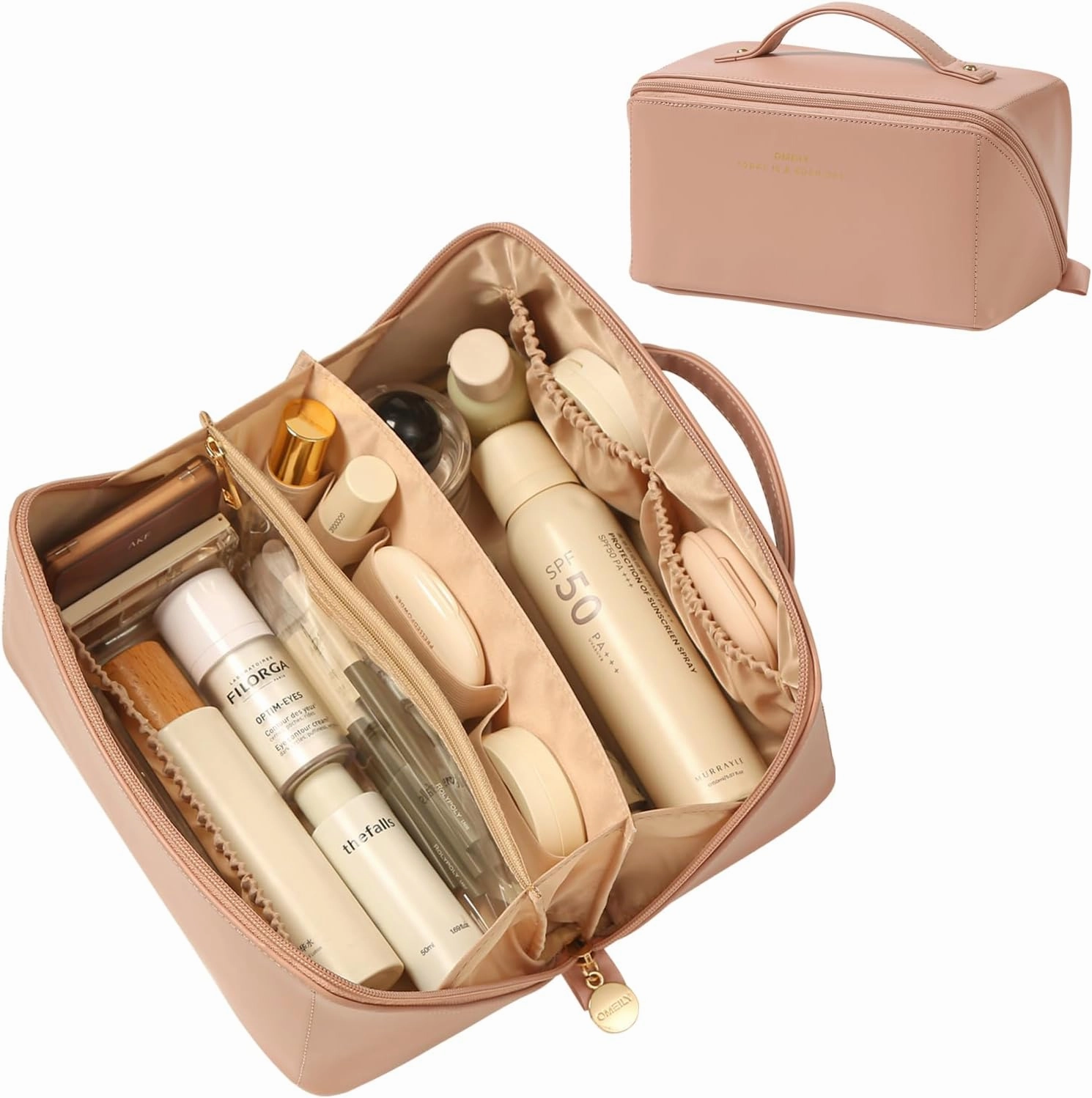 Travel Makeup Bag Organizer Countertop Case Toiletry Bag Cosmetic Bag for Women Vanity Storage Bathroom Counter Skincare Organizers Pouch with Divider and Handle Travel Essentials Gift for Girl