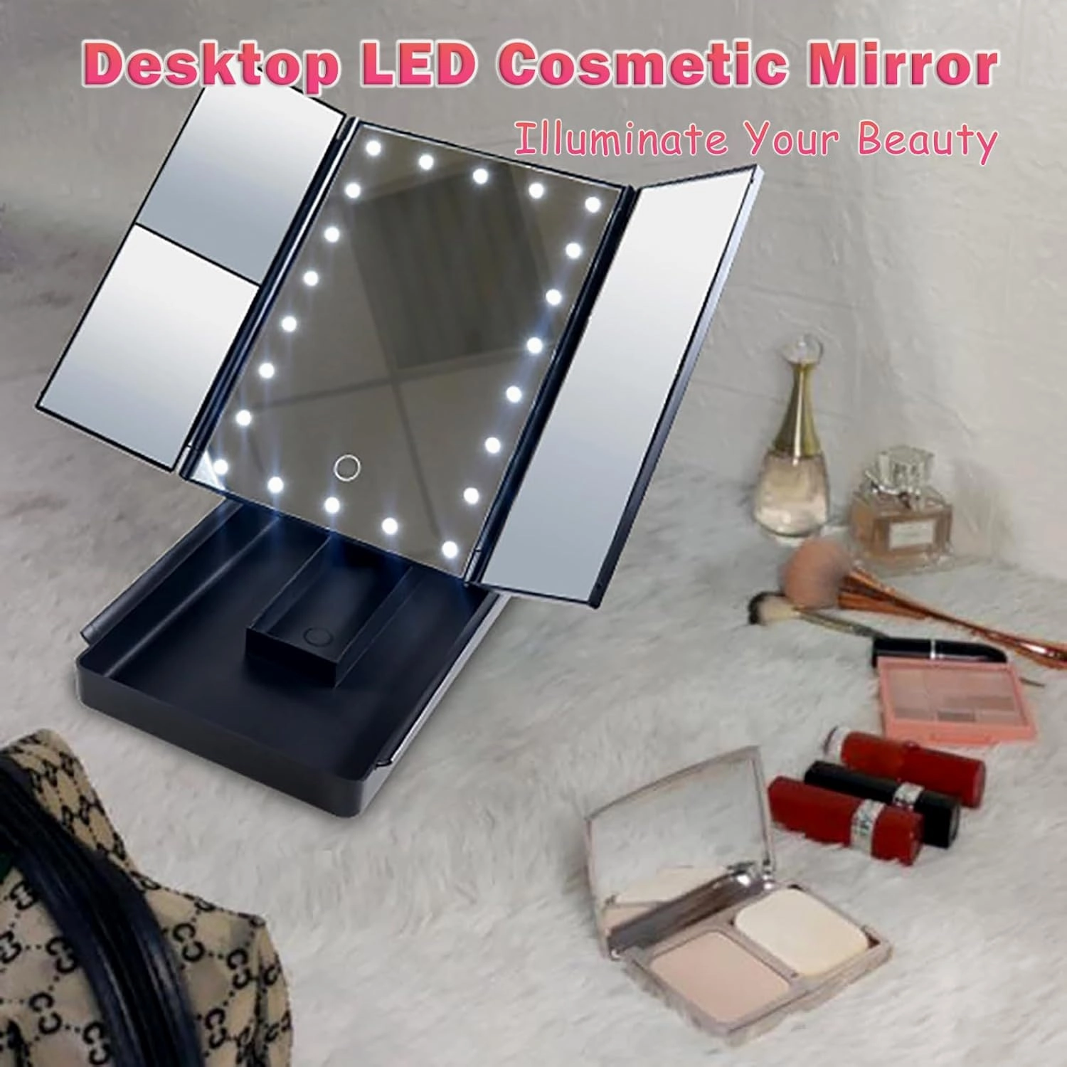 Travel Makeup Mirror with 22/8 Led Lights, Tri-fold Lighted Vanity Makeup Mirror with 3x/2x Magnification,LED Portable Lighted Beauty Mirror with Storage case for Vanity (White, 22)