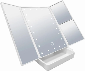 Travel Makeup Mirror with 22/8 Led Lights, Tri-fold Lighted Vanity Makeup Mirror with 3x/2x Magnification,LED Portable Lighted Beauty Mirror with Storage case for Vanity (White, 22)