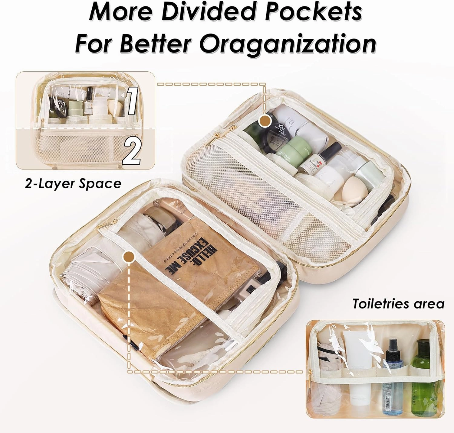 Travel Toiletry Makeup Bag for Women Hanging Toiletry Bag Cosmetic Organizer Make up Bags for Women Travel Makeup Essentials, Beige