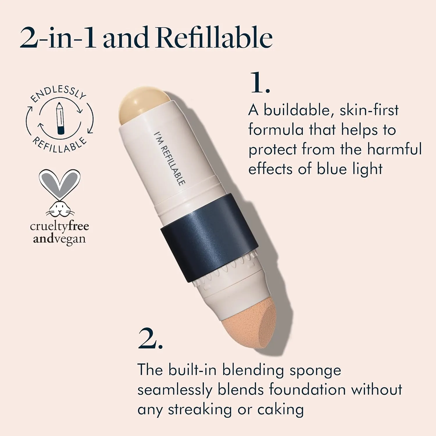 Trestique Refillable Face Stick Foundation with Built-In Sponge, Clean Beauty Medium Coverage