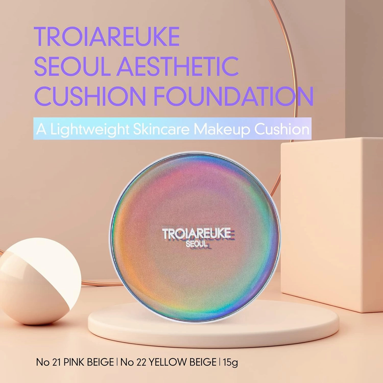 TROIAREUKE Seoul "Bridal" Cushion Foundation(#22, Yellow Beige), Korean Cushion Foundation, K-Beauty, Hydrating, Long-lasting, Lightweight, Natural Finish, Anti-Aging, Moisture, Whitening, SPF 50 