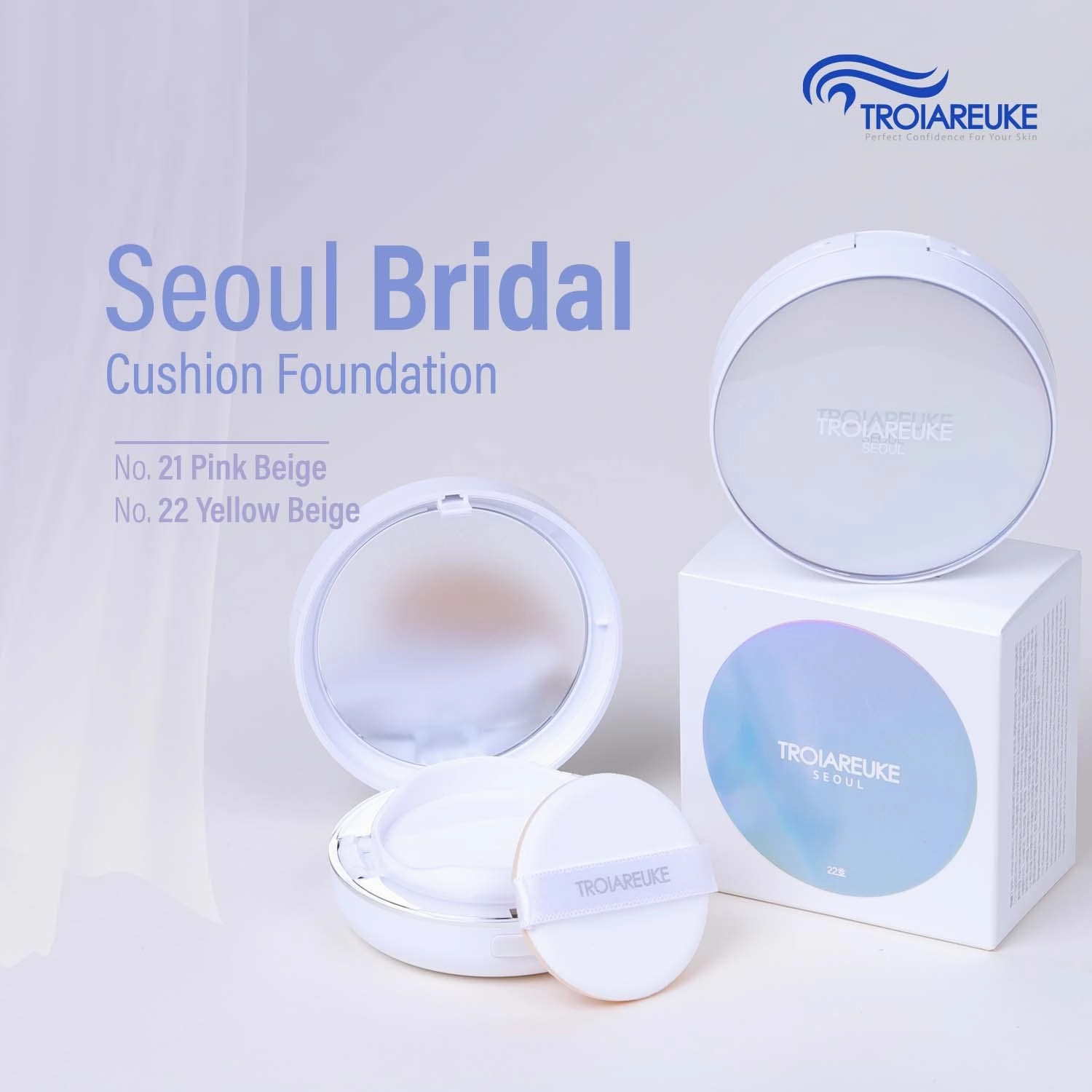 TROIAREUKE Seoul "Bridal" Cushion Foundation(#22, Yellow Beige), Korean Cushion Foundation, K-Beauty, Hydrating, Long-lasting, Lightweight, Natural Finish, Anti-Aging, Moisture, Whitening, SPF 50 