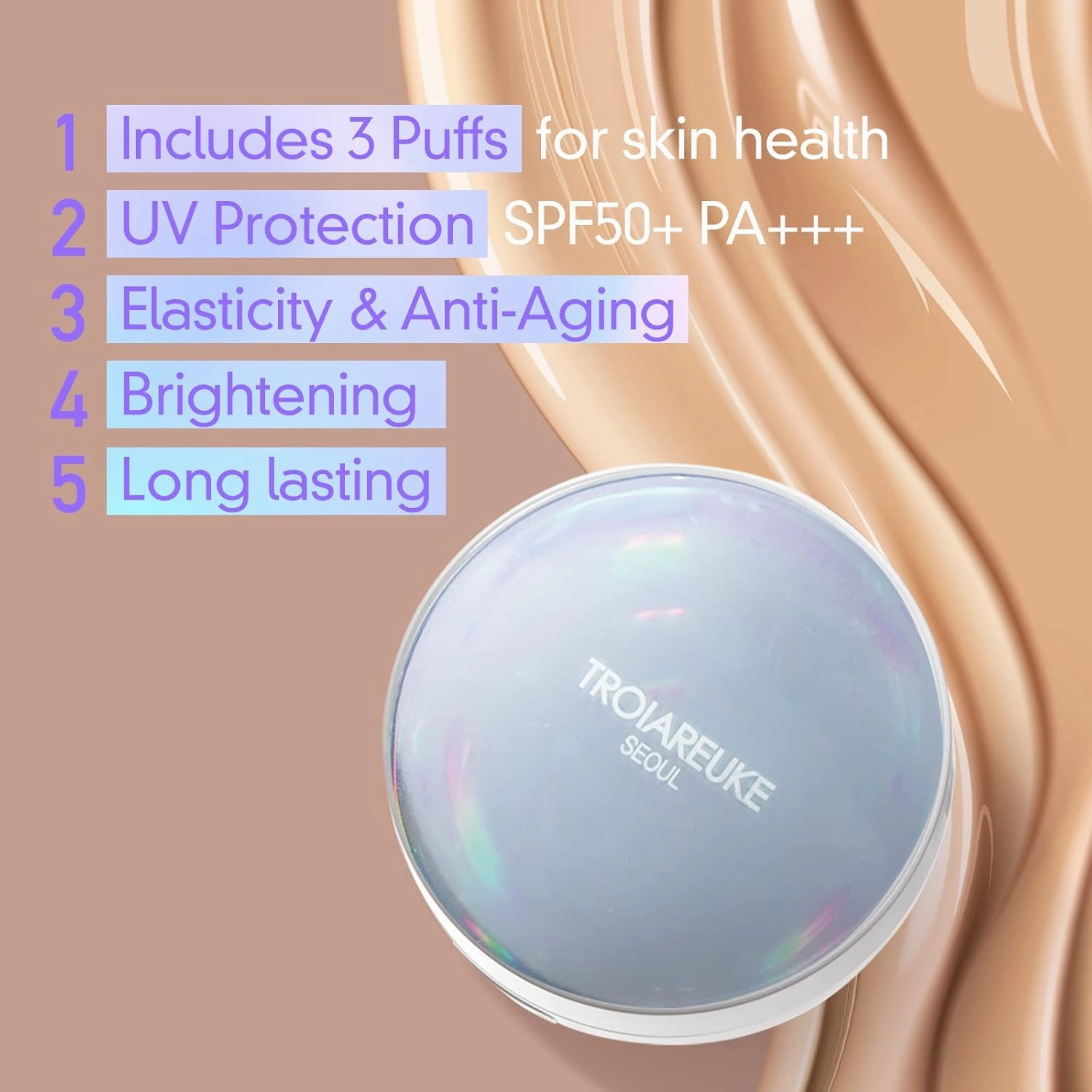 TROIAREUKE Seoul "Bridal" Cushion Foundation(#22, Yellow Beige), Korean Cushion Foundation, K-Beauty, Hydrating, Long-lasting, Lightweight, Natural Finish, Anti-Aging, Moisture, Whitening, SPF 50 