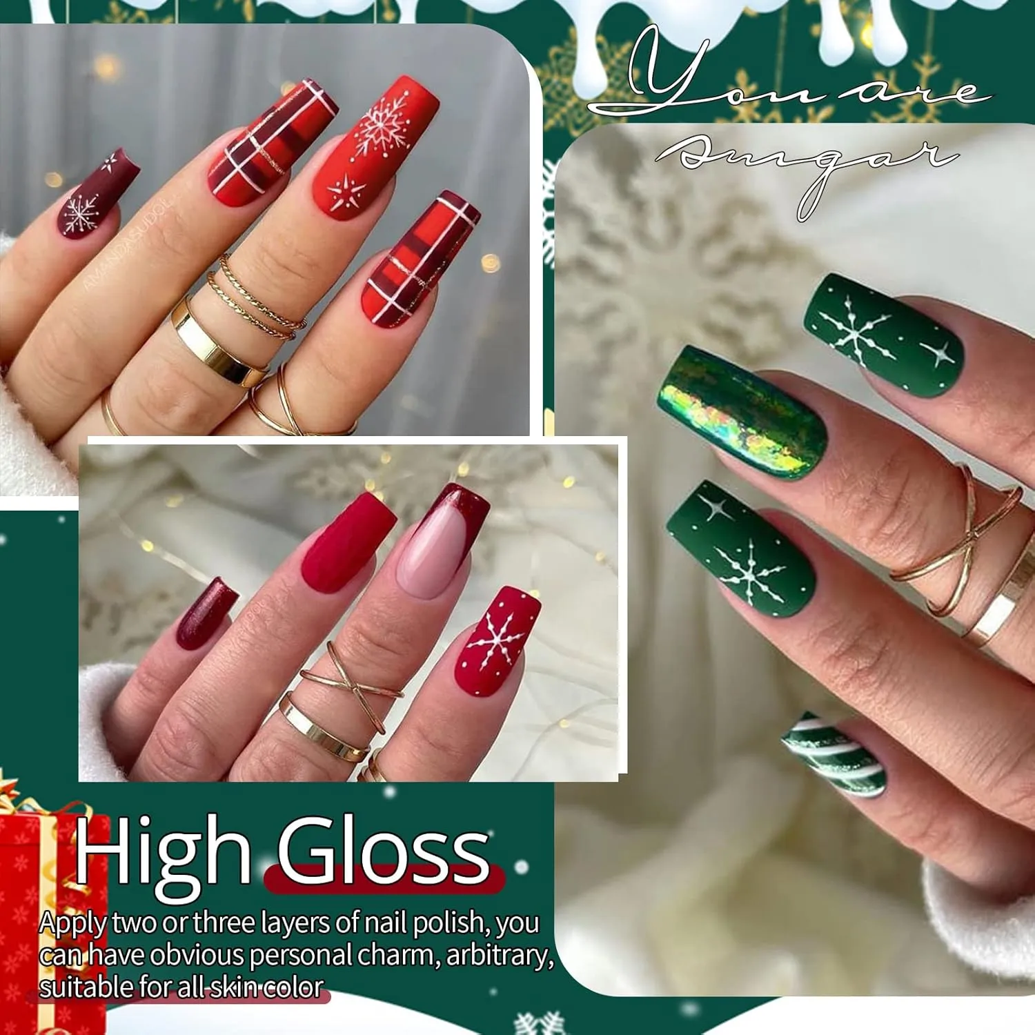 UR SUGAR Christmas Gel Nail Polish Set, 6 Colors Red Green Silver Gold Glitter Gel Nail Polish Kit Fall Winter Gel Polish Set Soak Off Nail Gel Polish Christmas Day Gifts for Women Girls